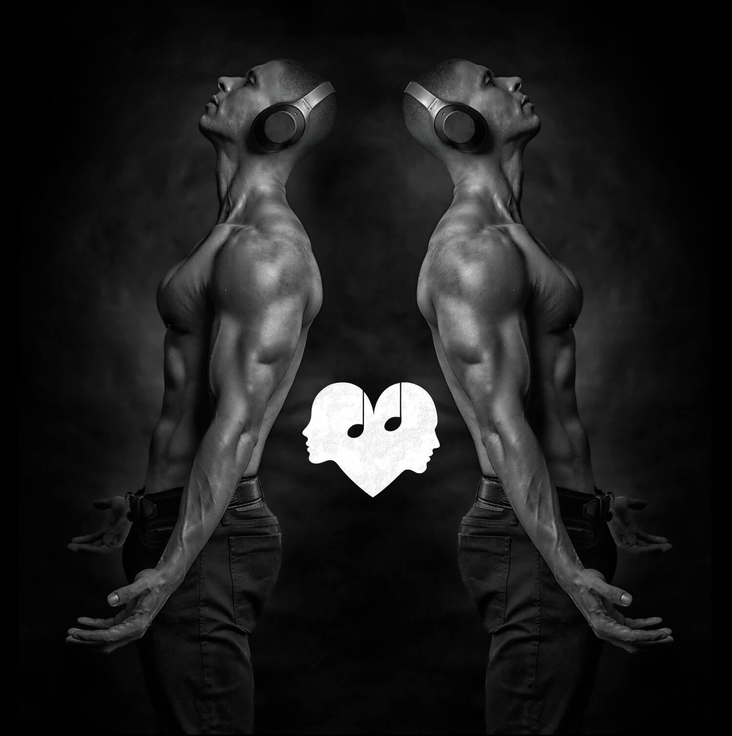 Black and white promotional photograph featuring mirrored male figure wearing headphones with The Sound Of Reflection Symbol centered