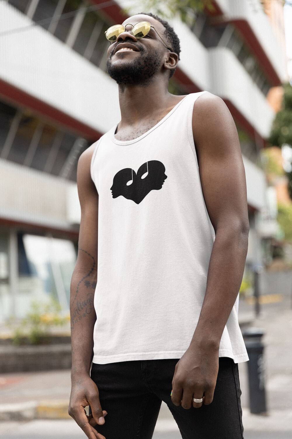 Man wearing white sleeveless shirt featuring The Sound Of Reflection Symbol